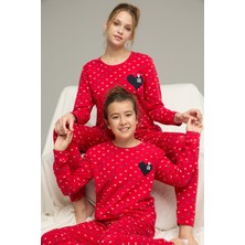Siyah İnci Kırmızı Kalp Desenli Pamuklu Bisiklet Yaka Örme Pijama TAKIM25241153