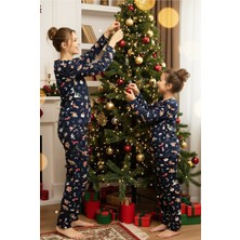 Siyah İnci Lacivert Kurabiye Yılbaşı Desenli Pamuklu Bisiklet Yaka Örme Pijama Takım 25241140