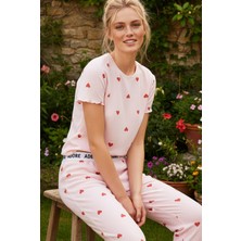 Siyah İnci Pembe Kalp Desenli Lastikli Fitilli Kaşkorse Örme Pijama TAKIM26120601