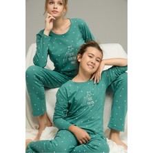 Siyah İnci Yeşil Puan Desenli Pamuklu Bisiklet Yaka Örme Pijama TAKIM25241154