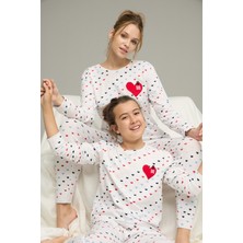 Siyah İnci Beyaz Kalp Desenli Pamuklu Bisiklet Yaka Örme Pijama TAKIM25241125