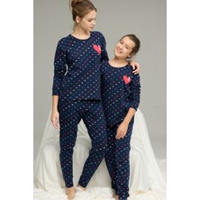 Siyah İnci Lacivert Kalp Desenli Pamuklu Bisiklet Yaka Örme Pijama TAKIM25241145