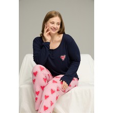 Siyah İnci Lacivert Desenli Curve Büyük Beden Battal Boy Pamuklu Pijama TAKIM25240767