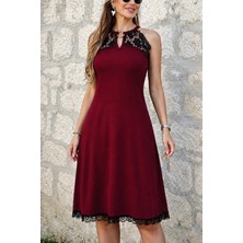 Defy Moda Kadın Omuzlardan Açık Yakadan Halka Aksesuar Detaylı Dantel Midi Viskon Elbise