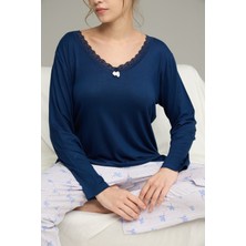 Siyah İnci Lacivert Desenli Örme Pamuklu Pijama TAKIM25240199