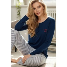 Siyah İnci Lacivert Çizgi Desenli Düğmeli Örme Pamuklu Pijama TAKIM25240221