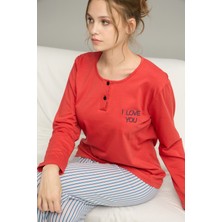 Siyah İnci Kiremit Çizgi Desenli Örme Pamuklu Pijama TAKIM25240260