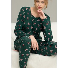 Siyah İnci Yeşil Şeker Desenli Örme Pamuklu Pijama TAKIM25240277