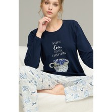 Siyah İnci Lacivert Desenli Örme Pamuklu Pijama TAKIM25240247