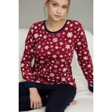 Siyah İnci Bordo Kar Desenli Örme Pamuklu Pijama TAKIM25240240
