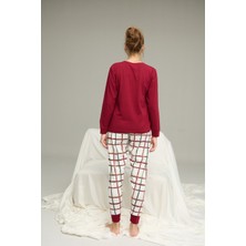 Siyah İnci Bordo Ekose Desenli Örme Pamuklu Pijama TAKIM25240275
