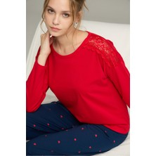 Siyah İnci Kırmızı Desenli Dantel Detaylı Örme Pamuklu Pijama TAKIM25240272