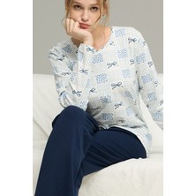 Siyah İnci Beyaz Çiçek Desenli Örme Pamuklu Pijama TAKIM25240198
