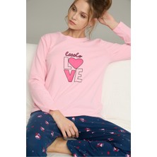 Siyah İnci Pembe Kalp Desenli Örme Pamuklu Pijama TAKIM25240224