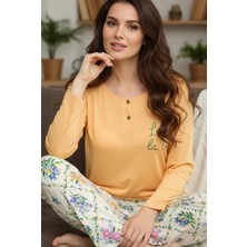 Siyah İnci Sarı Desenli Düğmeli Örme Pamuklu Pijama TAKIM25240206