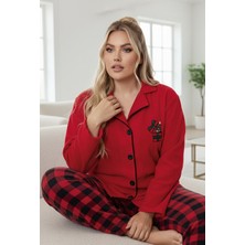 Siyah İnci Kırmızı Geyik Nakışlı Ekoseli Büyük Beden Polar Kışlık Örme Pijama Takım