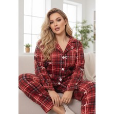 Siyah İnci Bordo Fiyonk Desenli Nakışlı Büyük Beden Polar Kışlık Örme Pijama Takım