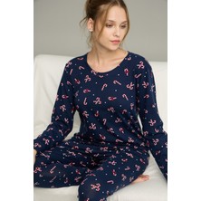 Siyah İnci Lacivert Şeker Desenli Örme Pamuklu Pijama TAKIM25240239