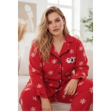Siyah İnci Kırmızı Yılbaşı Temalı Nakışlı Kar Tanesi Desenli Büyük Beden Polar Kışlık Örme Pijama Takım