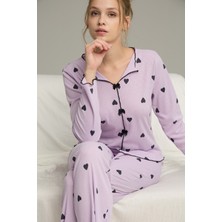 Siyah İnci Lila Kalp Desenli Pamuklu Fiyonklu Fitilli Örme Pijama TAKIM25226004-9