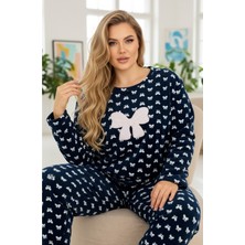Siyah İnci Lacivert Fiyonk Desenli Nakışlı Büyük Beden Polar Kışlık Örme Pijama Takım