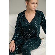 Siyah İnci Petrol Puan Desenli Gömlek Yaka Düğmeli Milan Örme Pijama TAKIM25224035