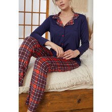 Siyah İnci Lacivert Ekose Desenli Gömlek Yaka Düğmeli Milan Örme Pijama TAKIM25224004