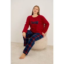 Siyah İnci Bordo Love Nakışlı Ekoseli Büyük Beden Polar Kışlık Örme Pijama Takım