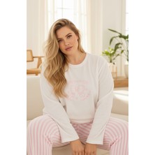 Siyah İnci Beyaz Pembe Çizgili Fiyonk Nakışlı Büyük Beden Polar Kışlık Örme Pijama Takım