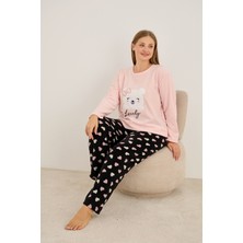 Siyah İnci Pembe Kalp Desenli Aycık Nakışlı Büyük Beden Polar Kışlık Örme Pijama Takım