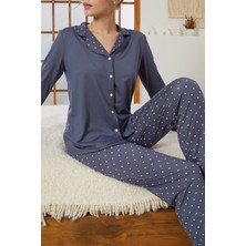 Siyah İnci Indigo Puan Desenli Gömlek Yaka Düğmeli Milan Örme Pijama TAKIM25224010
