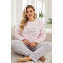 Siyah İnci Pembe Çizgili Nakışlı Büyük Beden Polar Kışlık Örme Pijama Takım