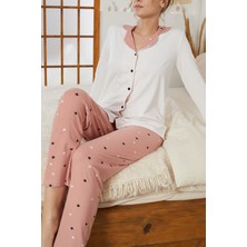Siyah İnci Ekru Yıldız Desenli Gömlek Yaka Düğmeli Milan Örme Pijama TAKIM25224001
