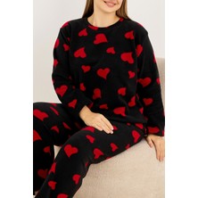 Siyah İnci Siyah Kalp Desenli Büyük Beden Polar Kışlık Örme Pijama Takım