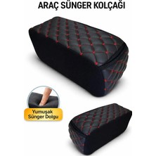 Ecarteks Lüks Deri Araba Oto Kolçak Sünger Kolçak Kol Dayama Baklava Desen Siyah Deri Kırmızı Nakış