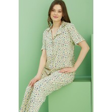 Siyah İnci Sarı Desenli Bürümcük Krınkıl Kumaş Örme Düğmeli Pijama TAKIM25118565