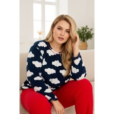 Siyah İnci Lacivert Bulut Desenli Büyük Beden Polar Kışlık Örme Pijama Takım