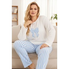 Siyah İnci Beyaz Mavi Çizgili Fiyonk Nakışlı Büyük Beden Polar Kışlık Örme Pijama Takım