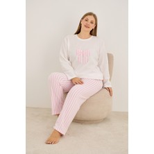 Siyah İnci Beyaz Pembe Çizgili Fiyonk Nakışlı Büyük Beden Polar Kışlık Örme Pijama Takım