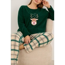 Siyah İnci Yeşil Ekose Desenli Nakışlı Büyük Beden Polar Kışlık Örme Pijama Takım