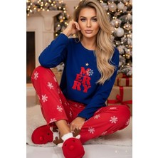 Siyah İnci Lacivert Kırmızı Desenli Nakışlı Polar Kışlık Örme Pijama Takım