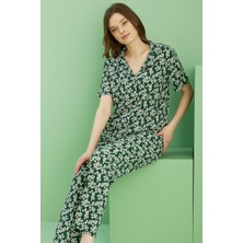 Siyah İnci Yeşil Desenli Bürümcük Krınkıl Kumaş Örme Düğmeli Pijama TAKIM25118563