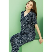 Siyah İnci Lacivert Desenli Bürümcük Krınkıl Kumaş Örme Düğmeli Pijama TAKIM25118547