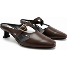 Ne&Ve Shoes Kahve Deri Tokalı Kadın Kare Burunlu Arkası Açık Topuklu Ayakkabı