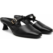 Ne&Ve Shoes Siyah Deri Tokalı Kadın Kare Burunlu Arkası Açık Topuklu Ayakkabı