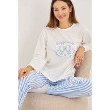 Siyah İnci Beyaz Mavi Çizgili Fiyonk Nakışlı Polar Kışlık Örme Pijama Takım