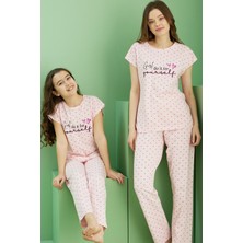 Siyah İnci Pembe Desenli Pamuklu Bisiklet Yaka Örme Pijama TAKIM25117081