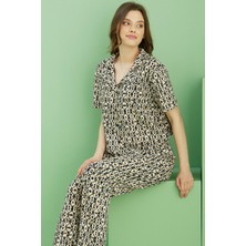 Siyah İnci Ekru Desenli Bürümcük Krınkıl Kumaş Örme Düğmeli Pijama TAKIM25118549