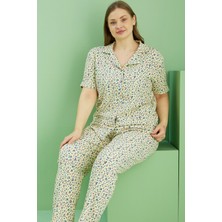Siyah İnci Sarı Desenli Bürümcük Krınkıl Kumaş Curve Büyük Beden Battal Boy Düğmeli Pijama TAKIM25118716