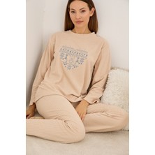 Siyah İnci Somon Nakışlı Polar Kışlık Waffle Örme Kumaşlı Pijama Takım